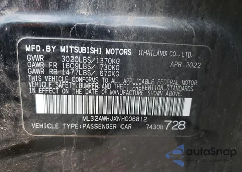 2022 Mitsubishi Mirage Se из США, поврежденный, VIN ML32AWHJXNH006812